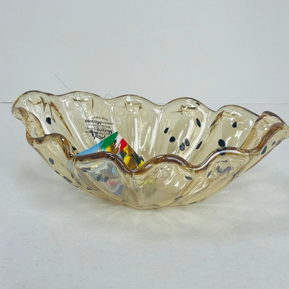 Tammaro Home Murano Glass Bowl Amber Speckled Ruffled Rim Made in Italy 10in